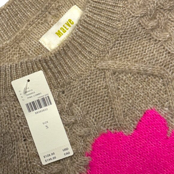 NWT Anthropologie Maeve Cable Knit Floral Sweater Tan Pink Flowers S Retail $128 - Picture 3 of 8